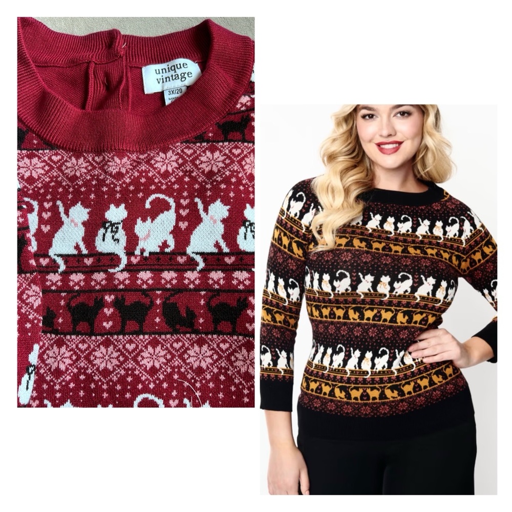 2 Unique Vintage Fair Isle Cat Print Sweaters Sz 2X/3X NWOT